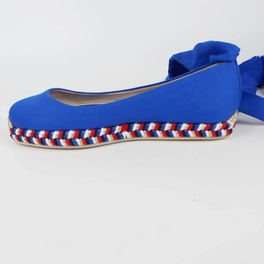NEW Christian Louboutin Espadrilles Flats with Ribbon Ties, Canvas, Blue, EU 37